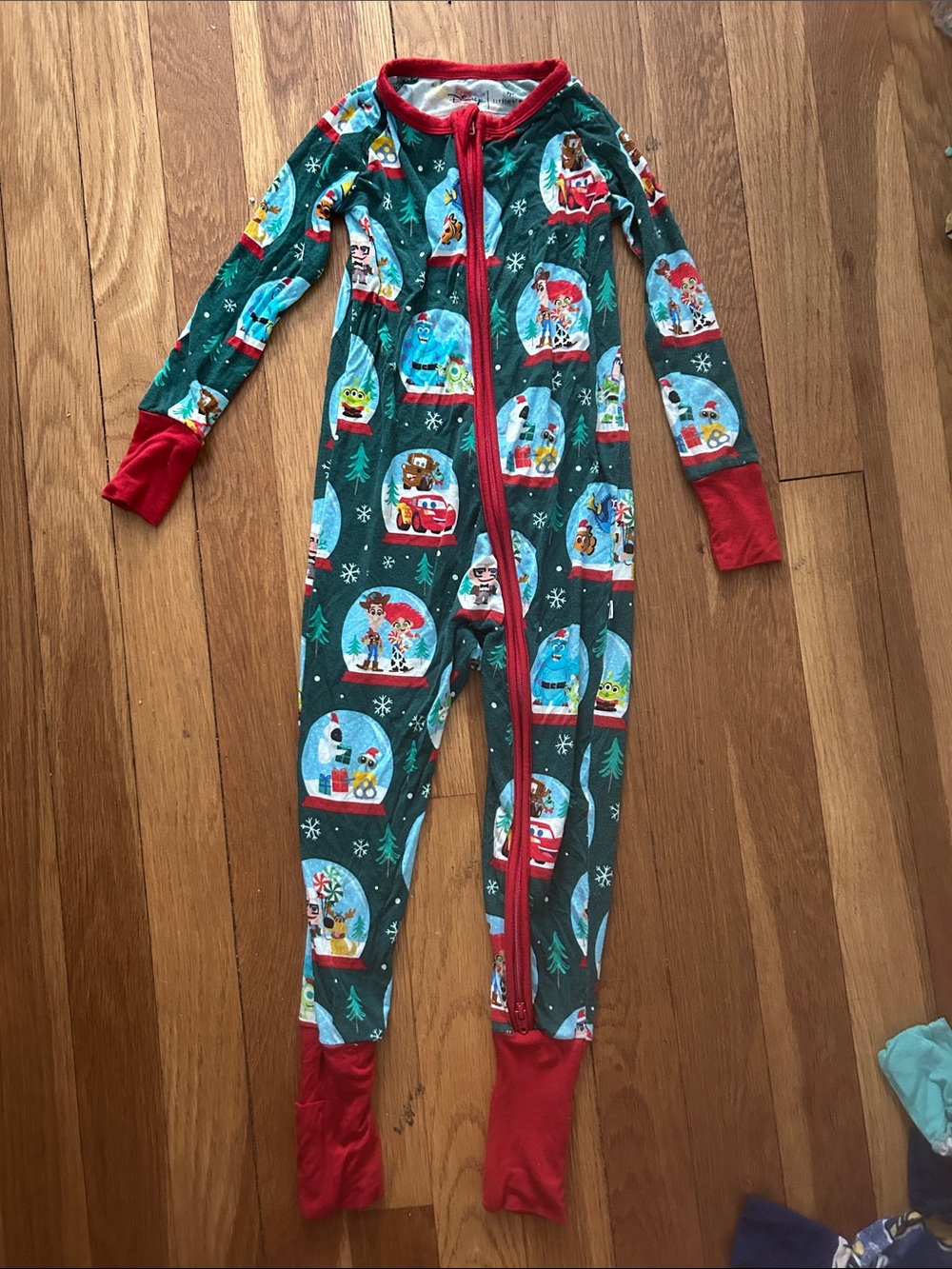 Little Sleepies Green Snowglobe Print One-Piece Pajama with Red Trim